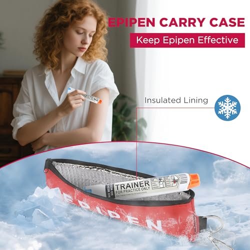 Tragbare EpiPen Aufbewahrungstasche, isolierte Notfalltasche für Medikamente, passend für 1 EpiPen, Asthma-Inhalator, Auvi-Q, Allergiemedikamente, Reise-EpiPen-Halter für Erwachsene und Kinder (Lila+Rot)
