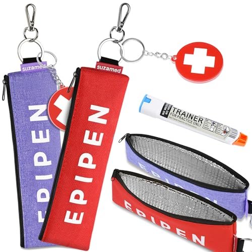 Tragbare EpiPen Aufbewahrungstasche, isolierte Notfalltasche für Medikamente, passend für 1 EpiPen, Asthma-Inhalator, Auvi-Q, Allergiemedikamente, Reise-EpiPen-Halter für Erwachsene und Kinder (Lila+Rot)