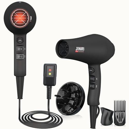 JINRI Haartrockner 1875W, 3 Heiz- & 2 Geschwindigkeitsstufen, mit Diffusor, Konzentrator, Ionen- & Infrarottechnologie – Schwarz, abnehmbarer Lufteinlass, Aufhängeband, nicht klappbar, 125V, JINRI-104
