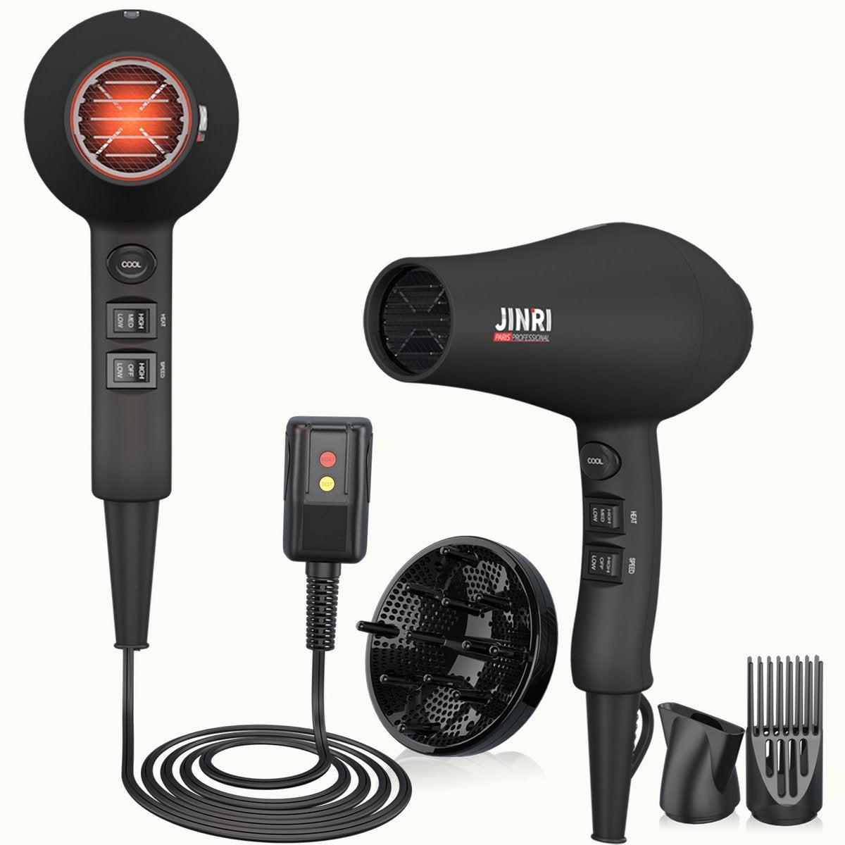 JINRI Haartrockner 1875W, 3 Heiz- & 2 Geschwindigkeitsstufen, mit Diffusor, Konzentrator, Ionen- & Infrarottechnologie – Schwarz, abnehmbarer Lufteinlass, Aufhängeband, nicht klappbar, 125V, JINRI-104