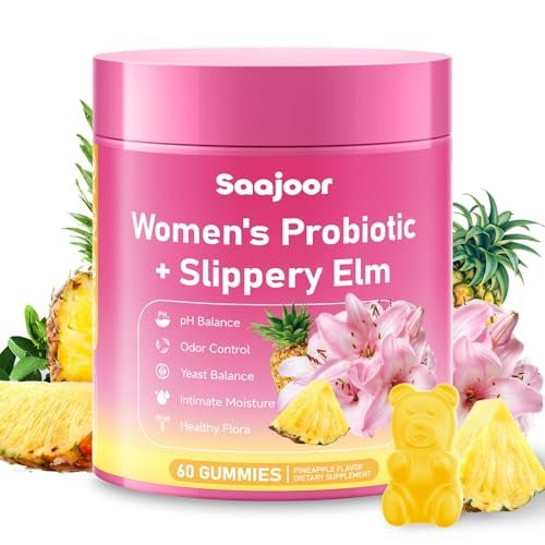 Saajoor Frauen Probiotikum Slippery Elm Gummies – Unterstützt pH-Balance, Verdauungs- und Immunsystem, natürlicher Ananasgeschmack, 60 Stück