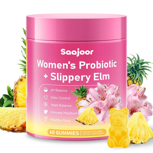 Saajoor Frauen Probiotikum Slippery Elm Gummies – Unterstützt pH-Balance, Verdauungs- und Immunsystem, natürlicher Ananasgeschmack, 60 Stück