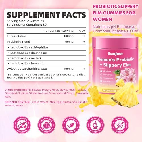 Saajoor Frauen Probiotikum Slippery Elm Gummies – Unterstützt pH-Balance, Verdauungs- und Immunsystem, natürlicher Ananasgeschmack, 60 Stück