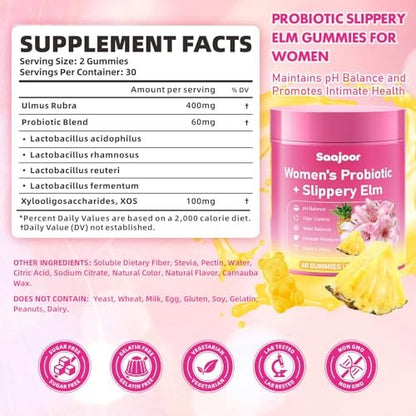 Saajoor Frauen Probiotikum Slippery Elm Gummies – Unterstützt pH-Balance, Verdauungs- und Immunsystem, natürlicher Ananasgeschmack, 60 Stück