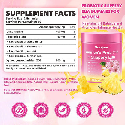 Saajoor Frauen Probiotikum Slippery Elm Gummies – Unterstützt pH-Balance, Verdauungs- und Immunsystem, natürlicher Ananasgeschmack, 60 Stück