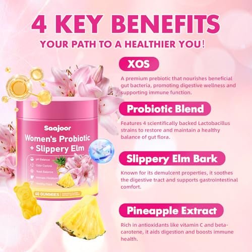 Saajoor Frauen Probiotikum Slippery Elm Gummies – Unterstützt pH-Balance, Verdauungs- und Immunsystem, natürlicher Ananasgeschmack, 60 Stück