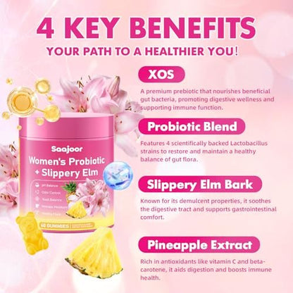 Saajoor Frauen Probiotikum Slippery Elm Gummies – Unterstützt pH-Balance, Verdauungs- und Immunsystem, natürlicher Ananasgeschmack, 60 Stück