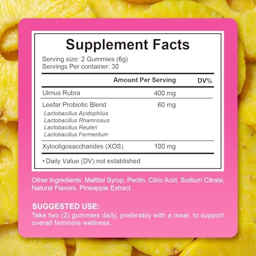 Vaginale Probiotika Gummis für pH-Gleichgewicht, Hydratation & Frische – mit Präbiotika & Lactobacillus, Ananasgeschmack, 60 Stück