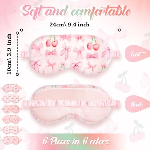 Cuffbow 6er-Pack Plüsch Schlafmasken Set – Kuschelige Augenmasken für Damen, Weich & Bequem für Reisen & Schlaf, Schlafparty-Geschenke (Schleife, Pink)