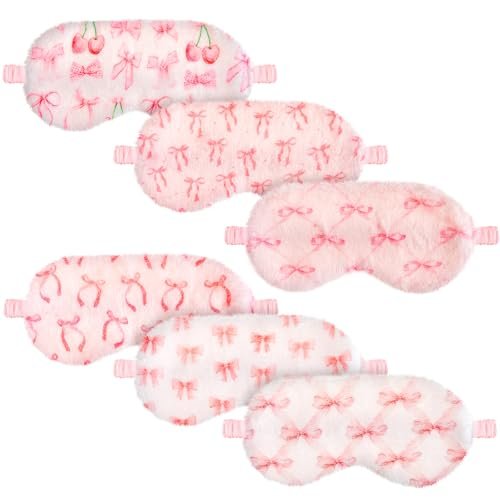 Cuffbow 6er-Pack Plüsch Schlafmasken Set – Kuschelige Augenmasken für Damen, Weich & Bequem für Reisen & Schlaf, Schlafparty-Geschenke (Schleife, Pink)