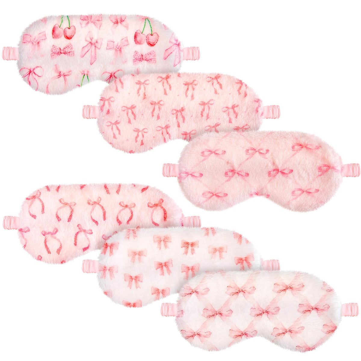 Cuffbow 6er-Pack Plüsch Schlafmasken Set – Kuschelige Augenmasken für Damen, Weich & Bequem für Reisen & Schlaf, Schlafparty-Geschenke (Schleife, Pink)