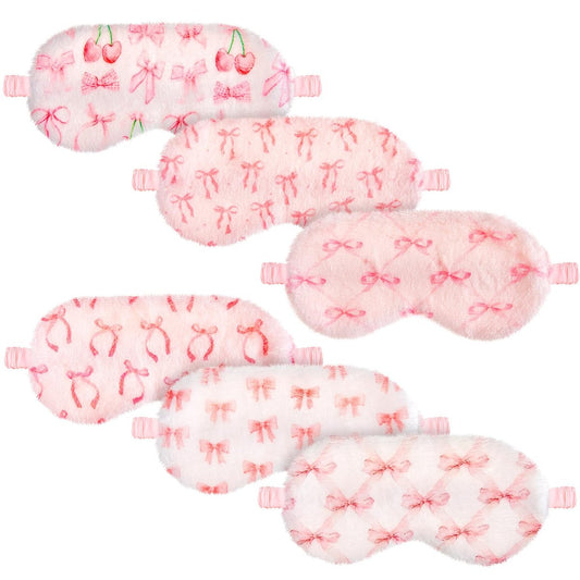 Cuffbow 6er-Pack Plüsch Schlafmasken Set – Kuschelige Augenmasken für Damen, Weich & Bequem für Reisen & Schlaf, Schlafparty-Geschenke (Schleife, Pink)