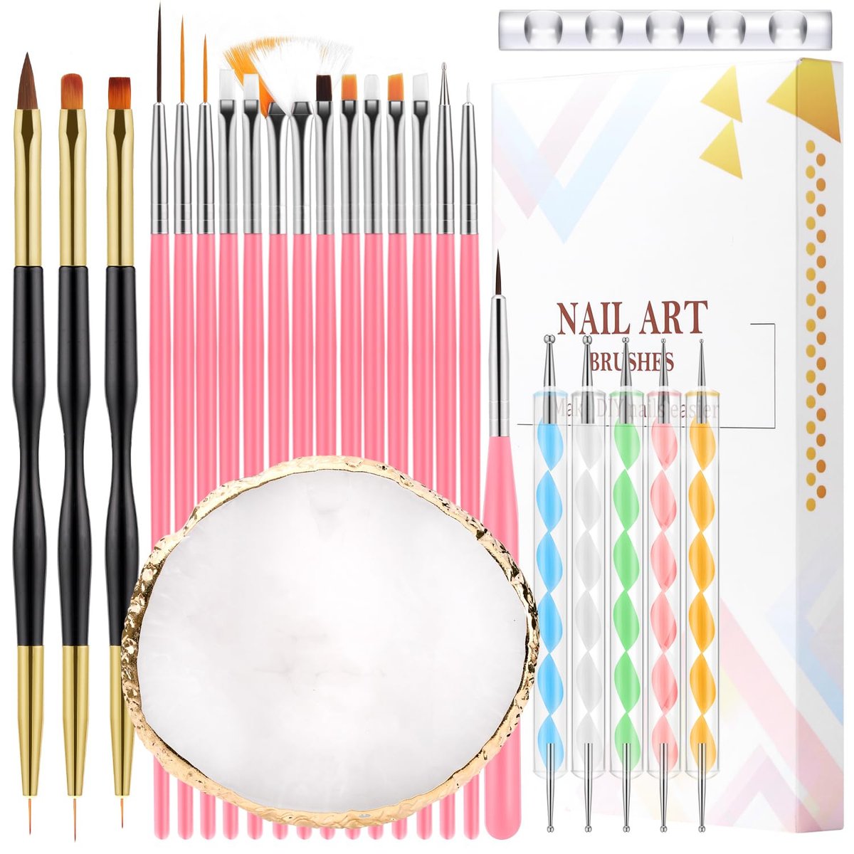 CHEMAILON 25-teiliges Nagelkunst-Set: Pinsel, Palette, Ständer & 2-in-1 Acryl-Silikon-Gravierstift Dotting Pen Werkzeuge für DIY Nageldesign zu Hause
