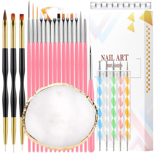 CHEMAILON 25-teiliges Nagelkunst-Set: Pinsel, Palette, Ständer & 2-in-1 Acryl-Silikon-Gravierstift Dotting Pen Werkzeuge für DIY Nageldesign zu Hause