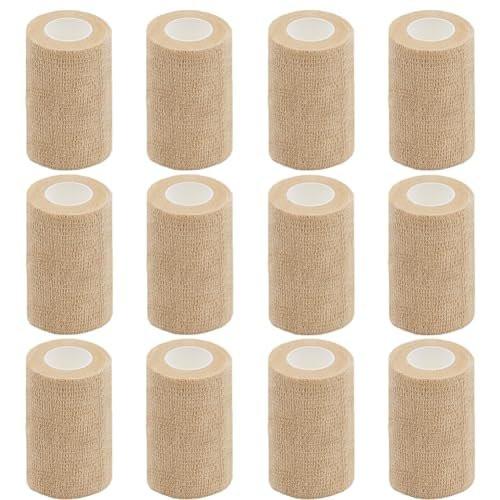 Clooflar 12er-Pack Selbstklebende Bandage, 7,6 cm x 4,6 m, Beige, Elastische Kohäsivbinde für Sport, Handgelenk, Knöchel, Tierverband, Griffband