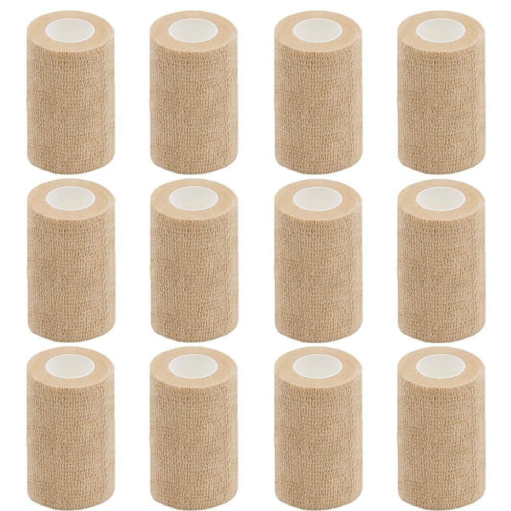 Clooflar 12er-Pack Selbstklebende Bandage, 7,6 cm x 4,6 m, Beige, Elastische Kohäsivbinde für Sport, Handgelenk, Knöchel, Tierverband, Griffband