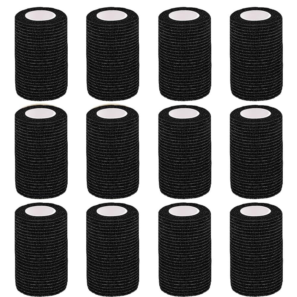 Clooflar 12er-Pack Selbstklebende Bandage, 3" x 5 Yards, Schwarz, Elastische Kohäsionsbandage für Sport, Handgelenk, Knöchel, Tierpflege, Griffband