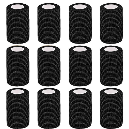 Clooflar 12er-Pack Selbstklebende Bandage, 3" x 5 Yards, Schwarz, Elastische Kohäsionsbandage für Sport, Handgelenk, Knöchel, Tierpflege, Griffband