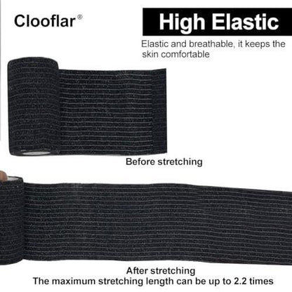 Clooflar 12er-Pack Selbstklebende Bandage, 3" x 5 Yards, Schwarz, Elastische Kohäsionsbandage für Sport, Handgelenk, Knöchel, Tierpflege, Griffband