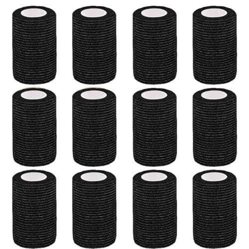 Clooflar 12er-Pack Selbstklebende Bandage, 3" x 5 Yards, Schwarz, Elastische Kohäsionsbandage für Sport, Handgelenk, Knöchel, Tierpflege, Griffband