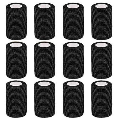 Clooflar 12er-Pack Selbstklebende Bandage, 3" x 5 Yards, Schwarz, Elastische Kohäsionsbandage für Sport, Handgelenk, Knöchel, Tierpflege, Griffband