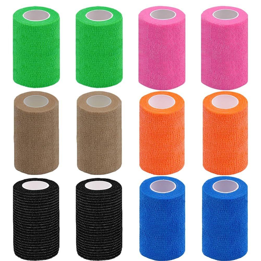 Clooflar 12er Pack Selbstklebende Bandage, 3" x 5 Yards, Mehrfarbig, Elastische Kohäsionsbandage für Sport, Handgelenk, Knöchel, Tierverband, Griffband