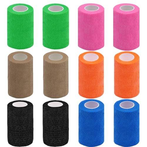 Clooflar 12er Pack Selbstklebende Bandage, 3" x 5 Yards, Mehrfarbig, Elastische Kohäsionsbandage für Sport, Handgelenk, Knöchel, Tierverband, Griffband