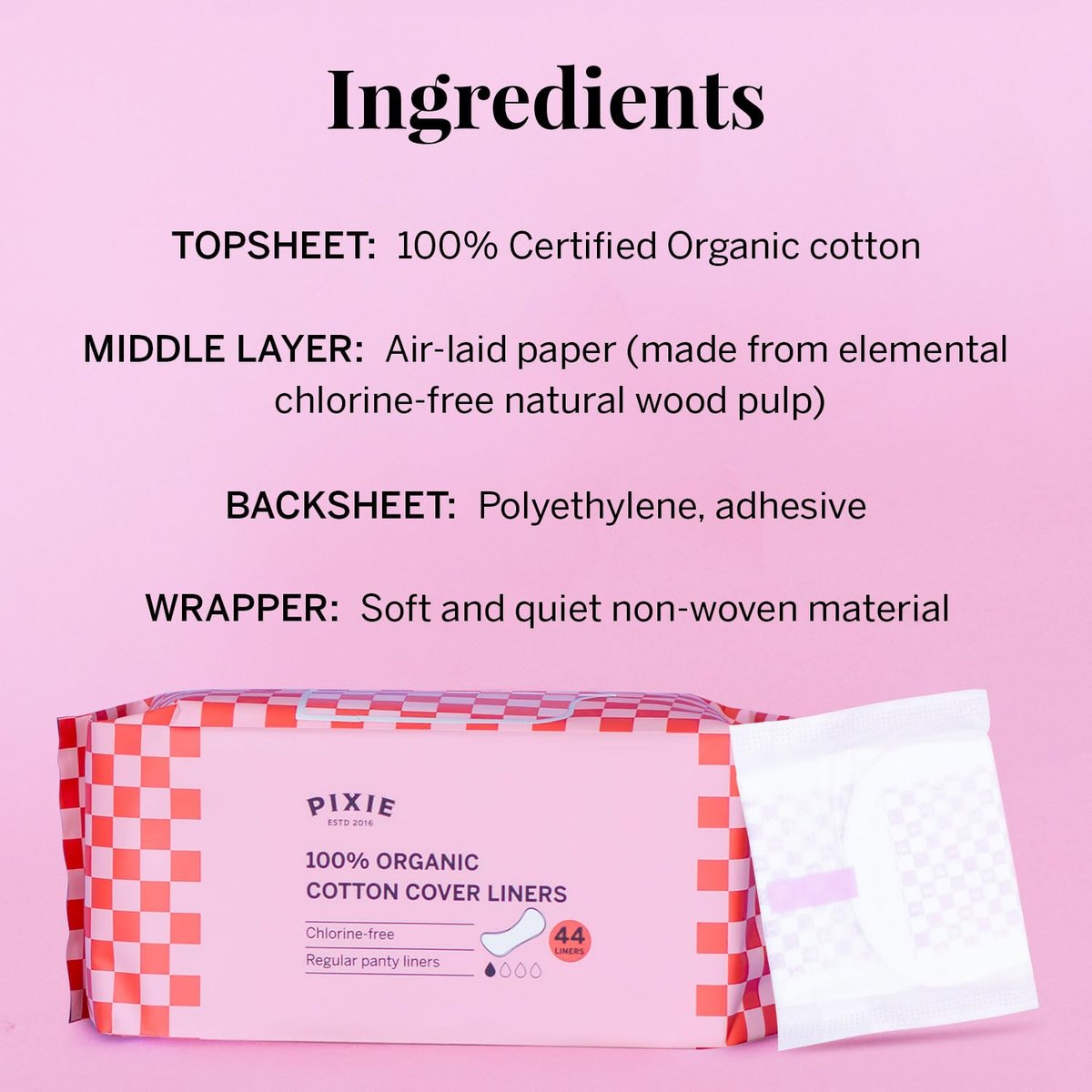 Pixie Bio-Baumwoll Slipeinlagen für Frauen – Reguläre, einzeln verpackte Pantyliner – Saugstark & ultra-dünn – Auslaufsicher, hypoallergen & unparfümiert – Kompostierbar – 44 Stück