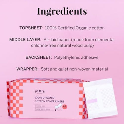 Pixie Bio-Baumwoll Slipeinlagen für Frauen – Reguläre, einzeln verpackte Pantyliner – Saugstark & ultra-dünn – Auslaufsicher, hypoallergen & unparfümiert – Kompostierbar – 44 Stück