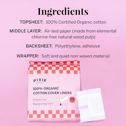 Pixie Bio-Baumwoll Slipeinlagen für Frauen - Reguläre, gewickelte Slipeinlagen - Leichte Saugfähigkeit & hauchdünn - Auslaufsicher, hypoallergen & parfümfrei - kompostierbar - 88 Stück