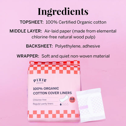 Pixie Bio-Baumwoll Slipeinlagen für Frauen - Reguläre, gewickelte Slipeinlagen - Leichte Saugfähigkeit & hauchdünn - Auslaufsicher, hypoallergen & parfümfrei - kompostierbar - 88 Stück