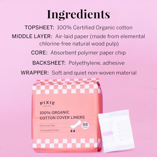 Pixie Organische Baumwoll-Slipeinlagen für Damen - Lange Slipeinlagen - Leichte Saugfähigkeit & ultradünn - Auslaufsicher, hypoallergen & unparfümiert für die Intimhygiene - Kompostierbar - 88 Stück