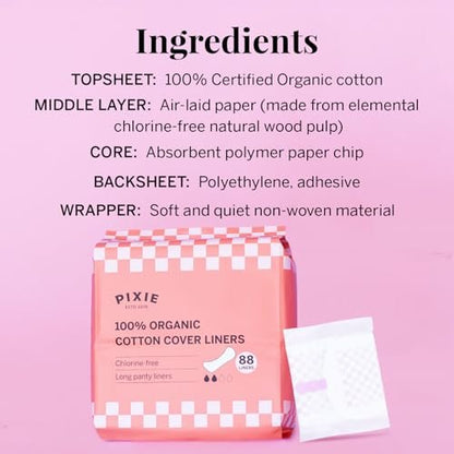 Pixie Organische Baumwoll-Slipeinlagen für Damen - Lange Slipeinlagen - Leichte Saugfähigkeit & ultradünn - Auslaufsicher, hypoallergen & unparfümiert für die Intimhygiene - Kompostierbar - 88 Stück