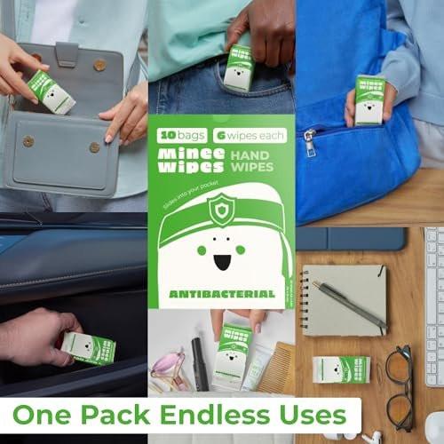 Impossibly Compact Travel Antibacterial Wipes Hand Sanitizer - 99% Wasser und Aloe - Sicher für empfindliche Haut & hypoallergene Handtücher - Reiseutensilien für Erwachsene & Kinder, 10er Pack insgesamt 60 Tücher