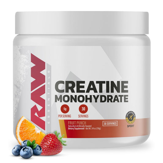 RAW Nutrition Creatin-Monohydrat-Pulver, Fruchtpunsch (30 Portionen) - Mikronisiertes Creatin-Monohydrat für Trainingsleistung, Muskelaufbau & Kraft - Creatin-Pulver für Männer & Frauen