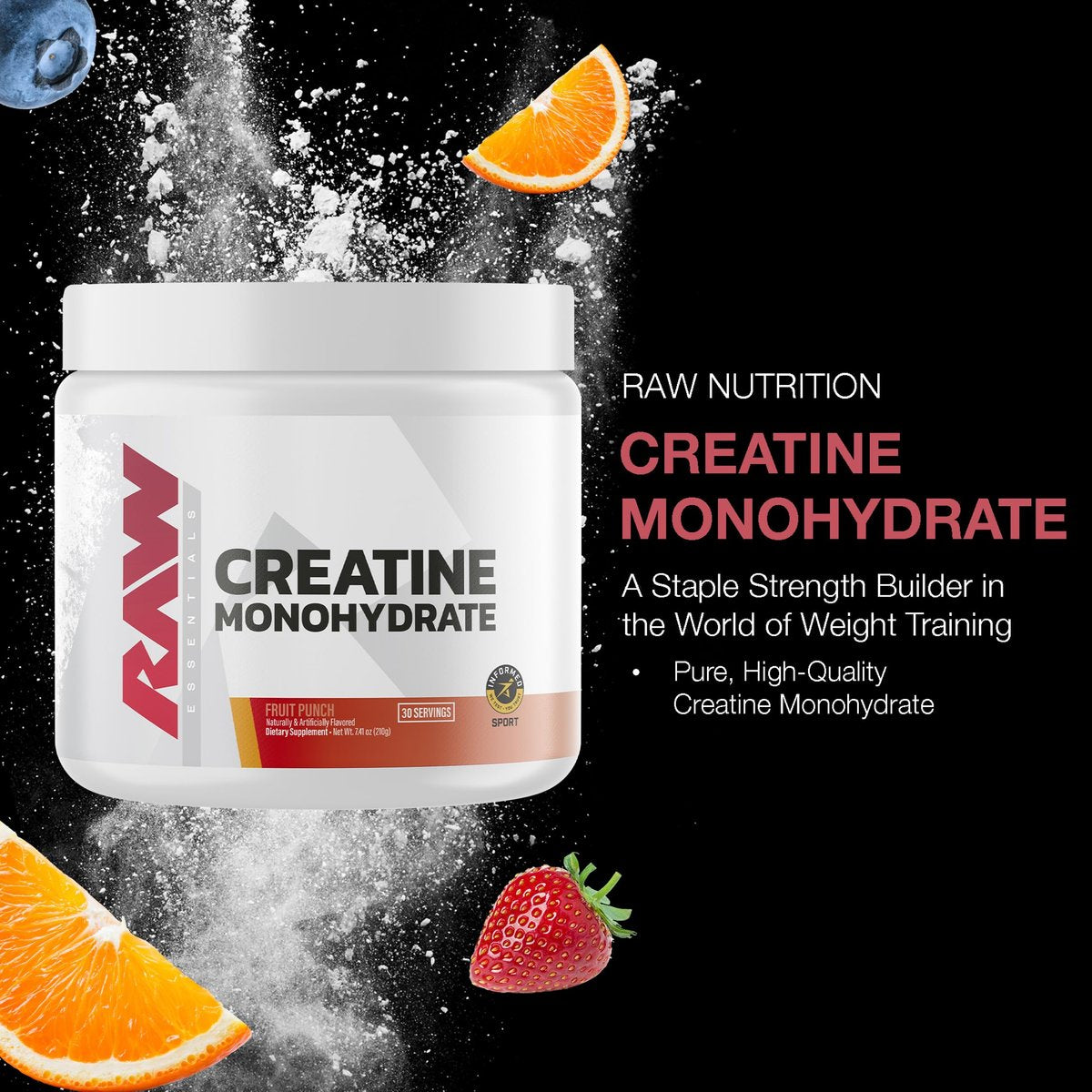 RAW Nutrition Creatin-Monohydrat-Pulver, Fruchtpunsch (30 Portionen) - Mikronisiertes Creatin-Monohydrat für Trainingsleistung, Muskelaufbau & Kraft - Creatin-Pulver für Männer & Frauen