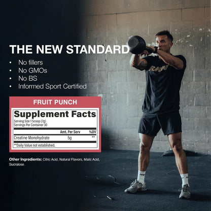 RAW Nutrition Creatin-Monohydrat-Pulver, Fruchtpunsch (30 Portionen) - Mikronisiertes Creatin-Monohydrat für Trainingsleistung, Muskelaufbau & Kraft - Creatin-Pulver für Männer & Frauen