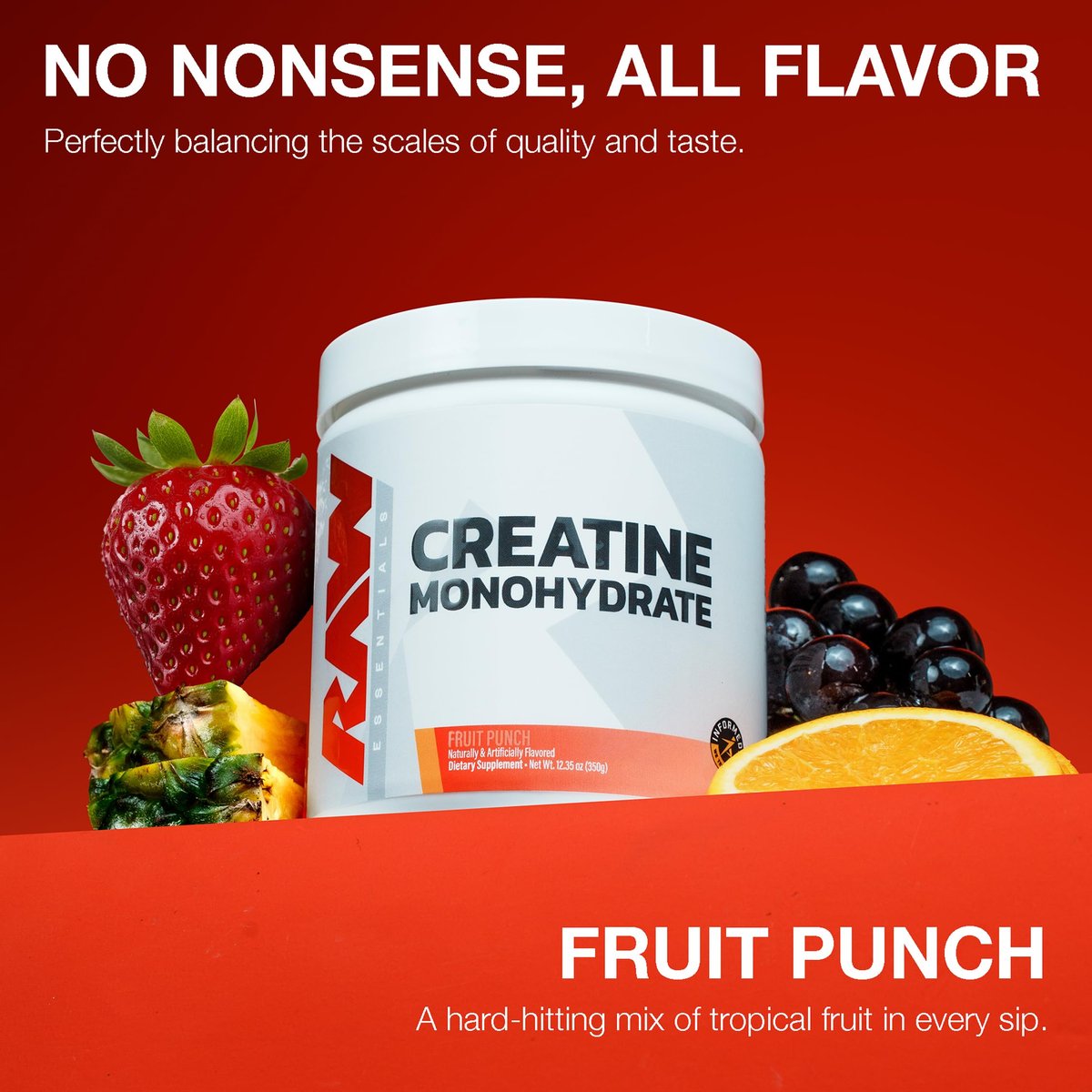 RAW Nutrition Creatin-Monohydrat-Pulver, Fruchtpunsch (30 Portionen) - Mikronisiertes Creatin-Monohydrat für Trainingsleistung, Muskelaufbau & Kraft - Creatin-Pulver für Männer & Frauen