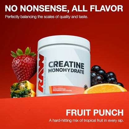 RAW Nutrition Creatin-Monohydrat-Pulver, Fruchtpunsch (30 Portionen) - Mikronisiertes Creatin-Monohydrat für Trainingsleistung, Muskelaufbau & Kraft - Creatin-Pulver für Männer & Frauen