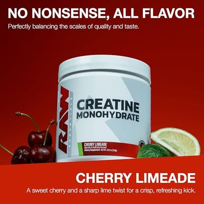 RAW Nutrition Creatin-Monohydrat-Pulver, Cherry Limeade (30 Portionen) - Mikronisiertes Creatin-Monohydrat für verbesserte Trainingsleistung, Muskelaufbau & Kraft - Creatin-Pulver für Männer & Frauen