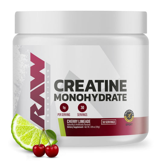 RAW Nutrition Creatin-Monohydrat-Pulver, Cherry Limeade (30 Portionen) - Mikronisiertes Creatin-Monohydrat für verbesserte Trainingsleistung, Muskelaufbau & Kraft - Creatin-Pulver für Männer & Frauen