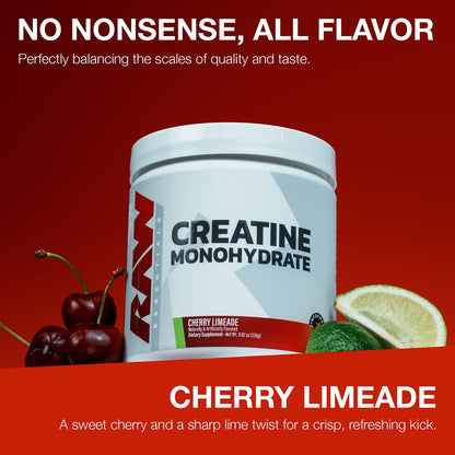 RAW Nutrition Creatin-Monohydrat-Pulver, Cherry Limeade (30 Portionen) - Mikronisiertes Creatin-Monohydrat für verbesserte Trainingsleistung, Muskelaufbau & Kraft - Creatin-Pulver für Männer & Frauen