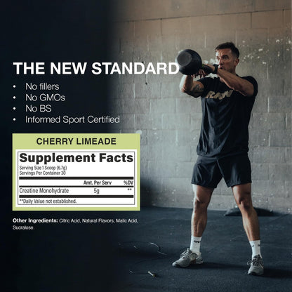 RAW Nutrition Creatin-Monohydrat-Pulver, Cherry Limeade (30 Portionen) - Mikronisiertes Creatin-Monohydrat für verbesserte Trainingsleistung, Muskelaufbau & Kraft - Creatin-Pulver für Männer & Frauen
