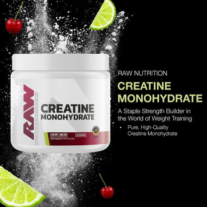 RAW Nutrition Creatin-Monohydrat-Pulver, Cherry Limeade (30 Portionen) - Mikronisiertes Creatin-Monohydrat für verbesserte Trainingsleistung, Muskelaufbau & Kraft - Creatin-Pulver für Männer & Frauen