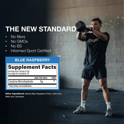 RAW Nutrition Creatin-Monohydrat-Pulver, Blaue Himbeere (30 Portionen) - Mikronisiertes Creatin-Monohydrat für Trainingsleistung, Muskelaufbau & Kraft - Creatin-Pulver für Männer & Frauen