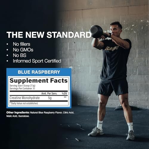 RAW Nutrition Creatin-Monohydrat-Pulver, Blaue Himbeere (30 Portionen) - Mikronisiertes Creatin-Monohydrat für Trainingsleistung, Muskelaufbau & Kraft - Creatin-Pulver für Männer & Frauen