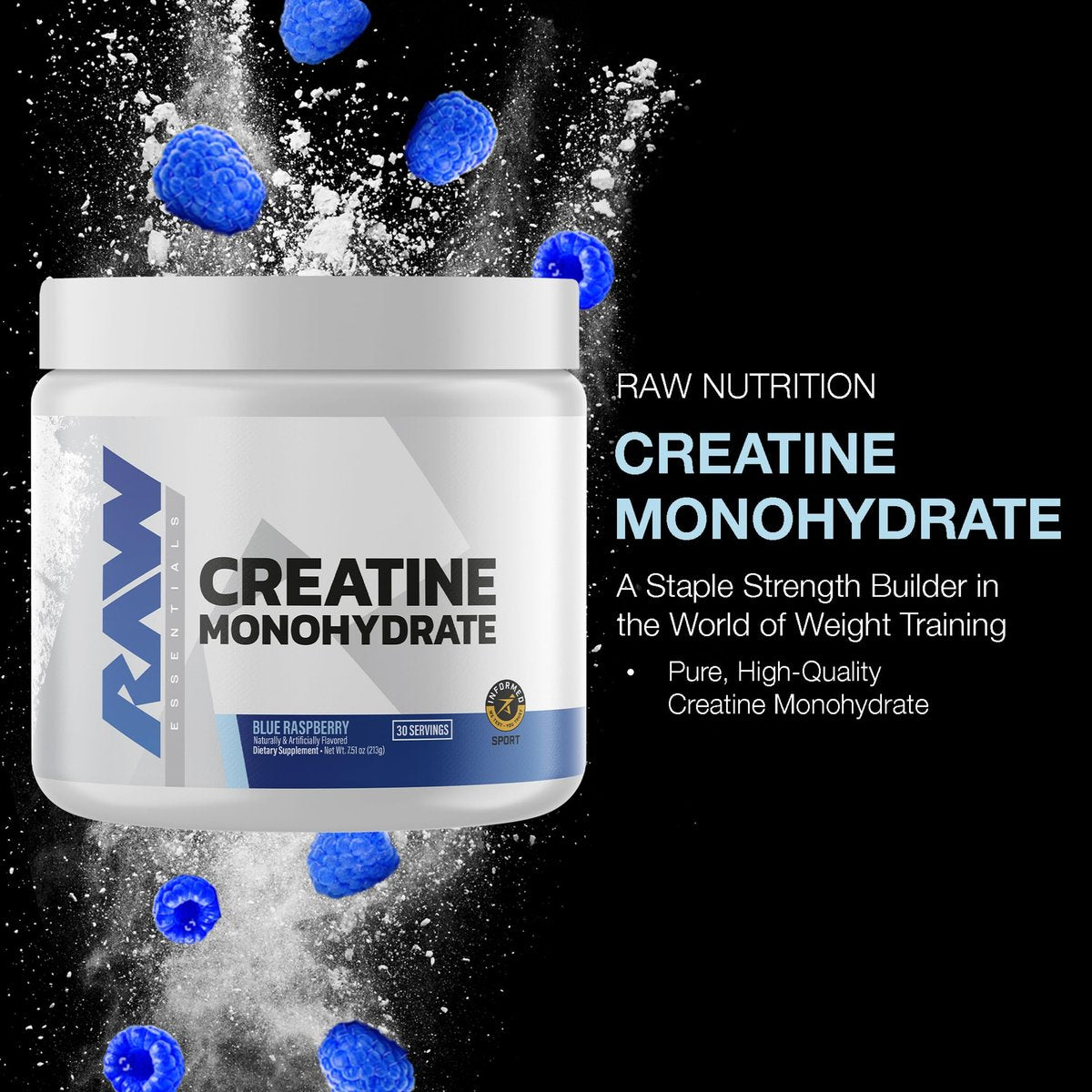 RAW Nutrition Creatin-Monohydrat-Pulver, Blaue Himbeere (30 Portionen) - Mikronisiertes Creatin-Monohydrat für Trainingsleistung, Muskelaufbau & Kraft - Creatin-Pulver für Männer & Frauen