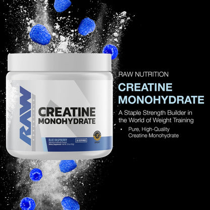 RAW Nutrition Creatin-Monohydrat-Pulver, Blaue Himbeere (30 Portionen) - Mikronisiertes Creatin-Monohydrat für Trainingsleistung, Muskelaufbau & Kraft - Creatin-Pulver für Männer & Frauen