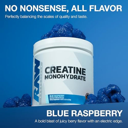 RAW Nutrition Creatin-Monohydrat-Pulver, Blaue Himbeere (30 Portionen) - Mikronisiertes Creatin-Monohydrat für Trainingsleistung, Muskelaufbau & Kraft - Creatin-Pulver für Männer & Frauen