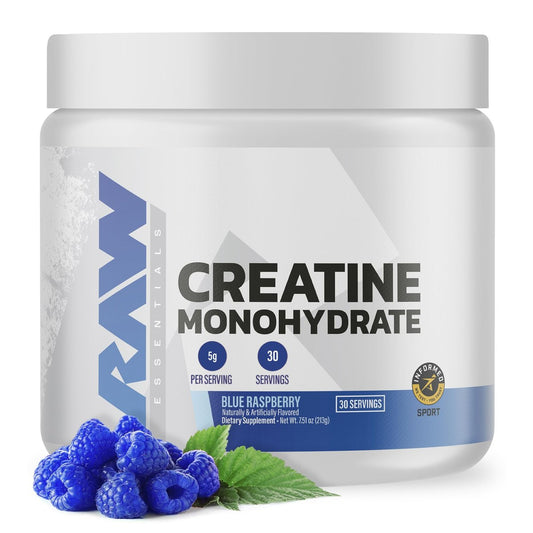 RAW Nutrition Creatin-Monohydrat-Pulver, Blaue Himbeere (30 Portionen) - Mikronisiertes Creatin-Monohydrat für Trainingsleistung, Muskelaufbau & Kraft - Creatin-Pulver für Männer & Frauen